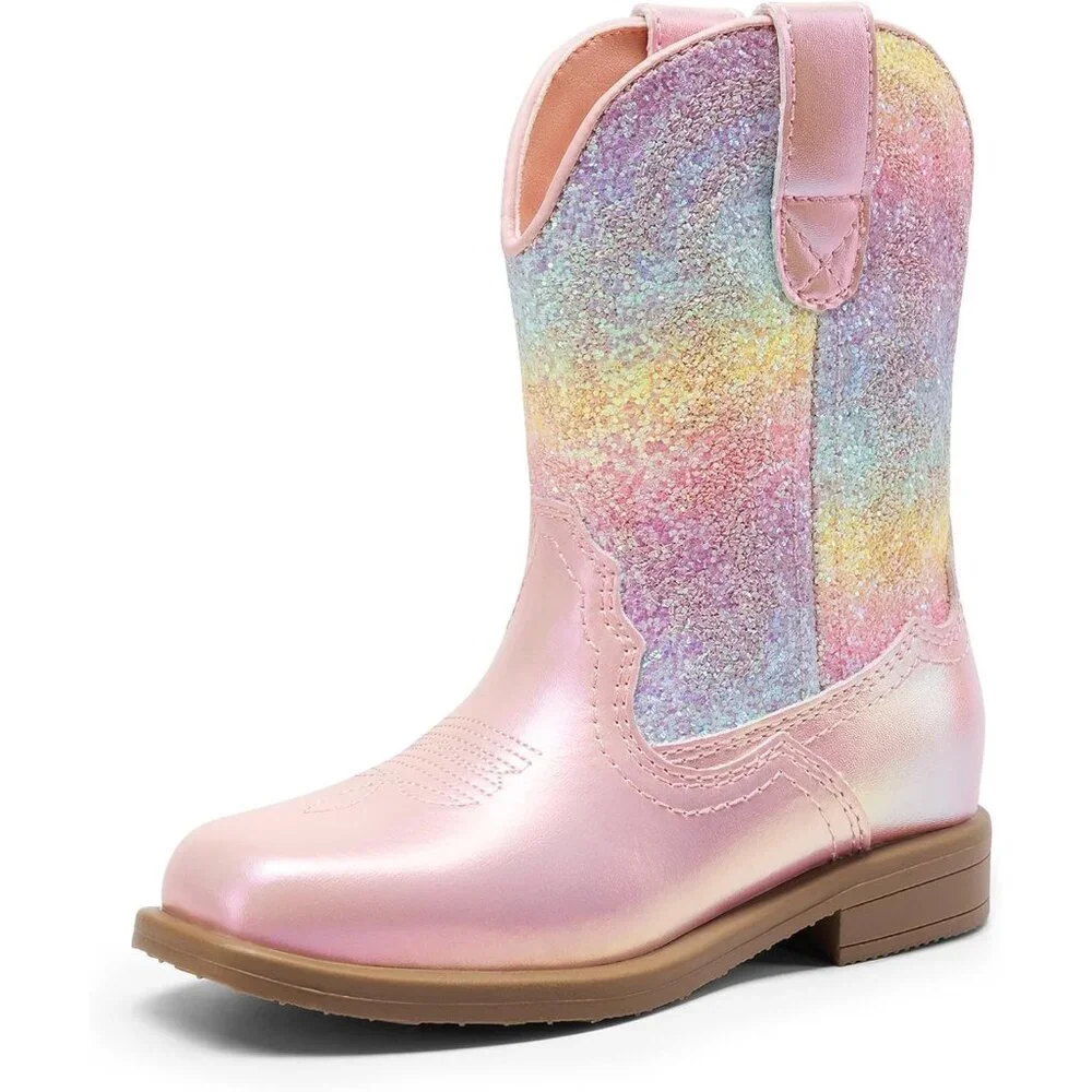 ⚡Girls Pink Rainbow Toddler Cowgirl Boots Western Square Toe Riding Mid Calf